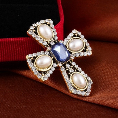 Pearl Rhinestone Cross Brooch