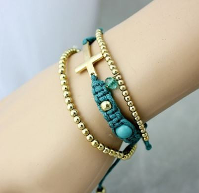 Handmade Cross Rope Bracelet Gold Plated Beads