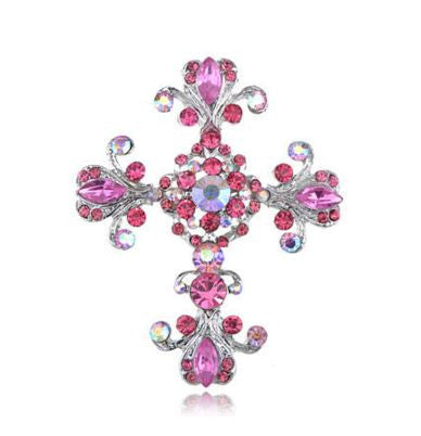 Pink Rose Crystal Rhinestone Holy Cross Pin Brooch