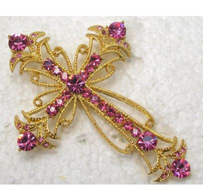 Rhinestone Gold Plated Cross Pin Brooch