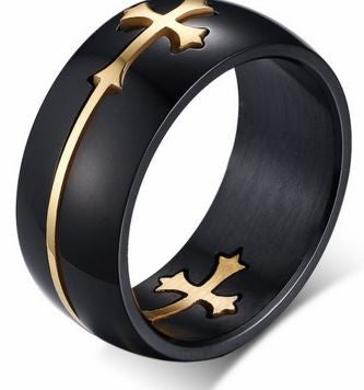 Mens Titanium Steel Black IP Gold Maltese Cross Rings